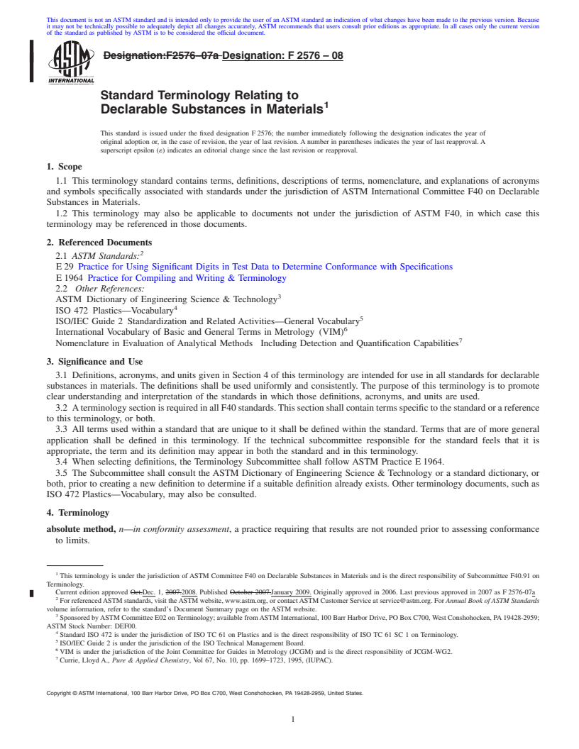 REDLINE ASTM F2576-08 - Standard Terminology Relating to Declarable Substances in Materials