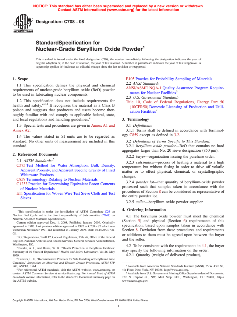 ASTM C708-08 - Specification for Nuclear-Grade Beryllium Oxide Powder