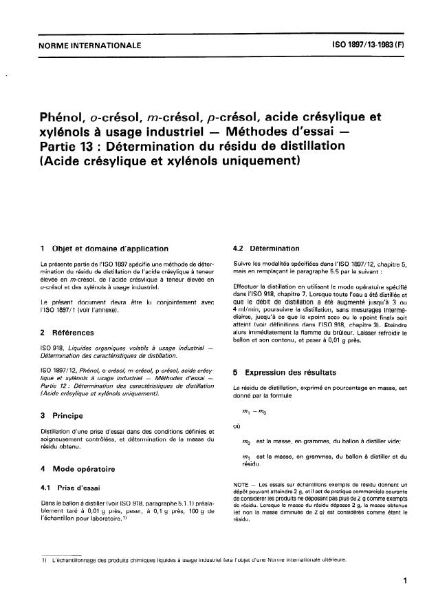 ISO 1897-13:1983 - Phénol, o-crésol, m-crésol, p-crésol, acide crésylique et xylénols a usage industriel -- Méthodes d'essai