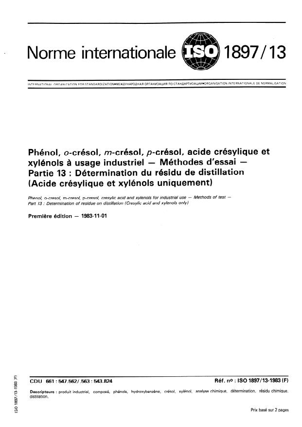 ISO 1897-13:1983 - Phénol, o-crésol, m-crésol, p-crésol, acide crésylique et xylénols a usage industriel -- Méthodes d'essai