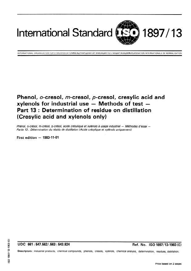ISO 1897-13:1983 - Phenol, o-cresol, m-cresol, p-cresol, cresylic acid and xylenols for industrial use -- Methods of test