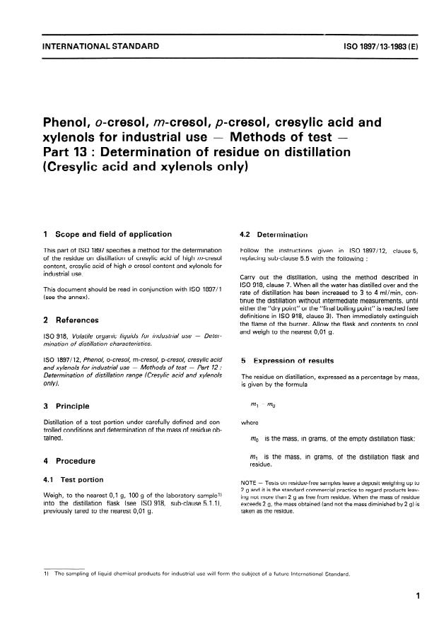 ISO 1897-13:1983 - Phenol, o-cresol, m-cresol, p-cresol, cresylic acid and xylenols for industrial use -- Methods of test