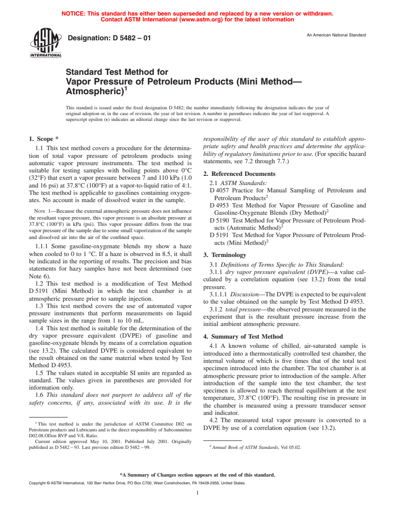 ASTM D5482-01 - Standard Test Method for Vapor Pressure of Petroleum Products (Mini Method-Atmospheric)