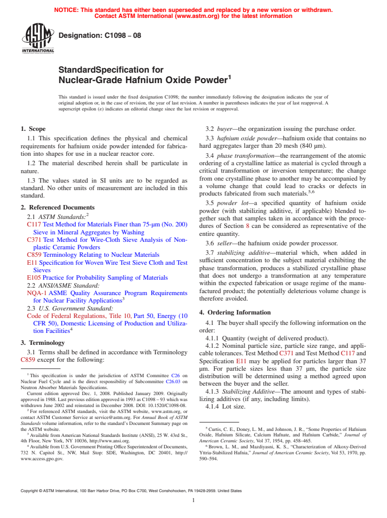 ASTM C1098-08 - Standard Specification for Nuclear-Grade Hafnium Oxide Powder