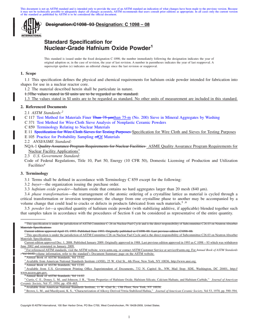 REDLINE ASTM C1098-08 - Standard Specification for Nuclear-Grade Hafnium Oxide Powder