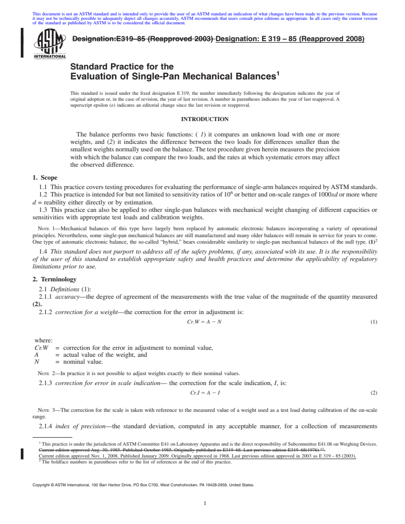 REDLINE ASTM E319-85(2008) - Standard Practice for the Evaluation of Single-Pan Mechanical Balances