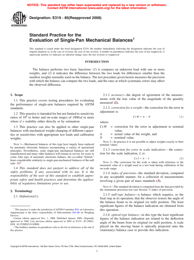 ASTM E319-85(2008) - Standard Practice for the Evaluation of Single-Pan Mechanical Balances