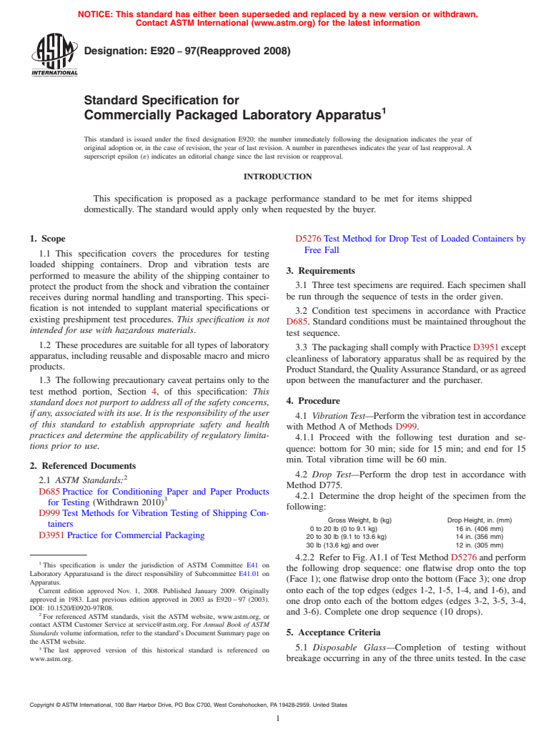 ASTM E920-97(2008) - Standard Specification for Commercially Packaged Laboratory Apparatus