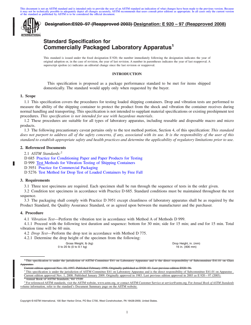 REDLINE ASTM E920-97(2008) - Standard Specification for Commercially Packaged Laboratory Apparatus