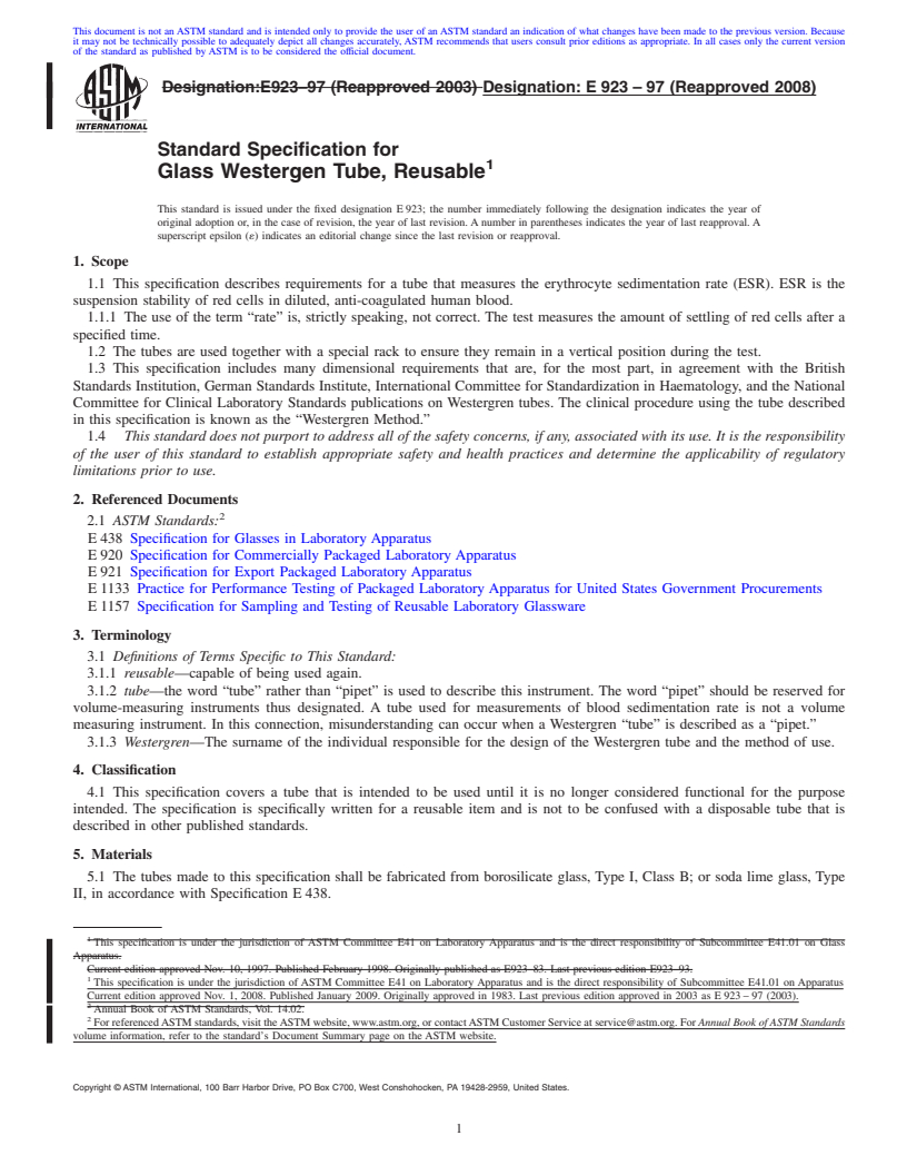 REDLINE ASTM E923-97(2008) - Standard Specification for Glass Westergren Tube, Reusable