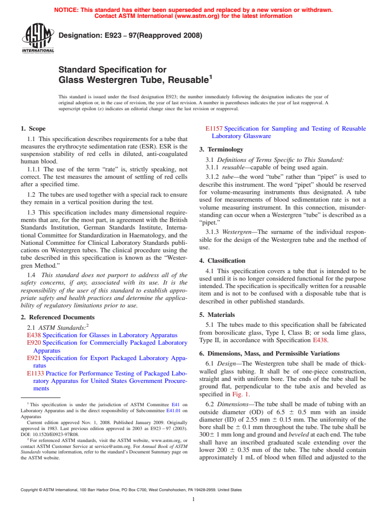 ASTM E923-97(2008) - Standard Specification for Glass Westergren Tube, Reusable