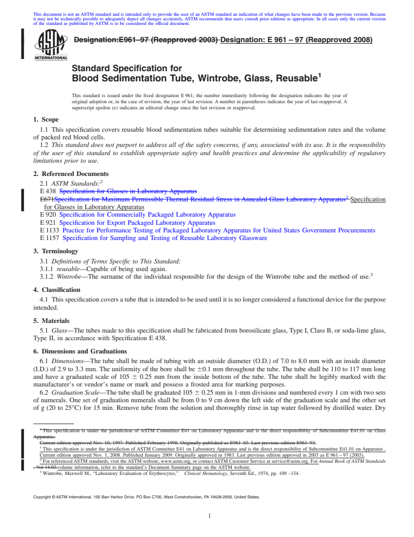 REDLINE ASTM E961-97(2008) - Standard Specification for Blood Sedimentation Tube, Wintrobe, Glass, Reusable