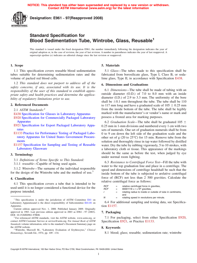 ASTM E961-97(2008) - Standard Specification for Blood Sedimentation Tube, Wintrobe, Glass, Reusable