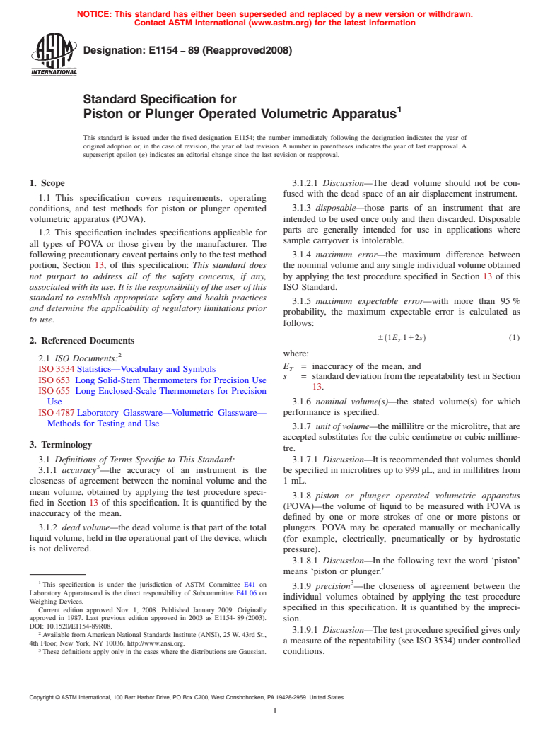 ASTM E1154-89(2008) - Standard Specification for Piston or Plunger Operated Volumetric Apparatus