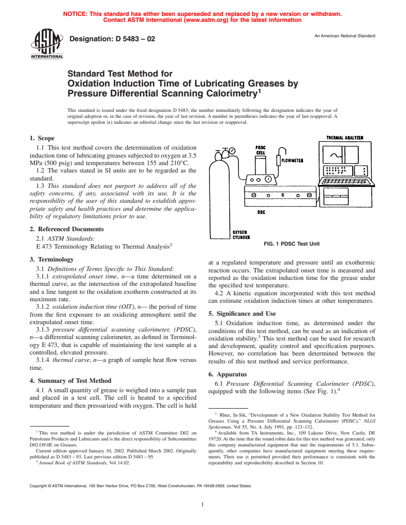 ASTM D5483-02 - Standard Test Method for Oxidation Induction Time of Lubricating Greases by Pressure Differential Scanning Calorimetry