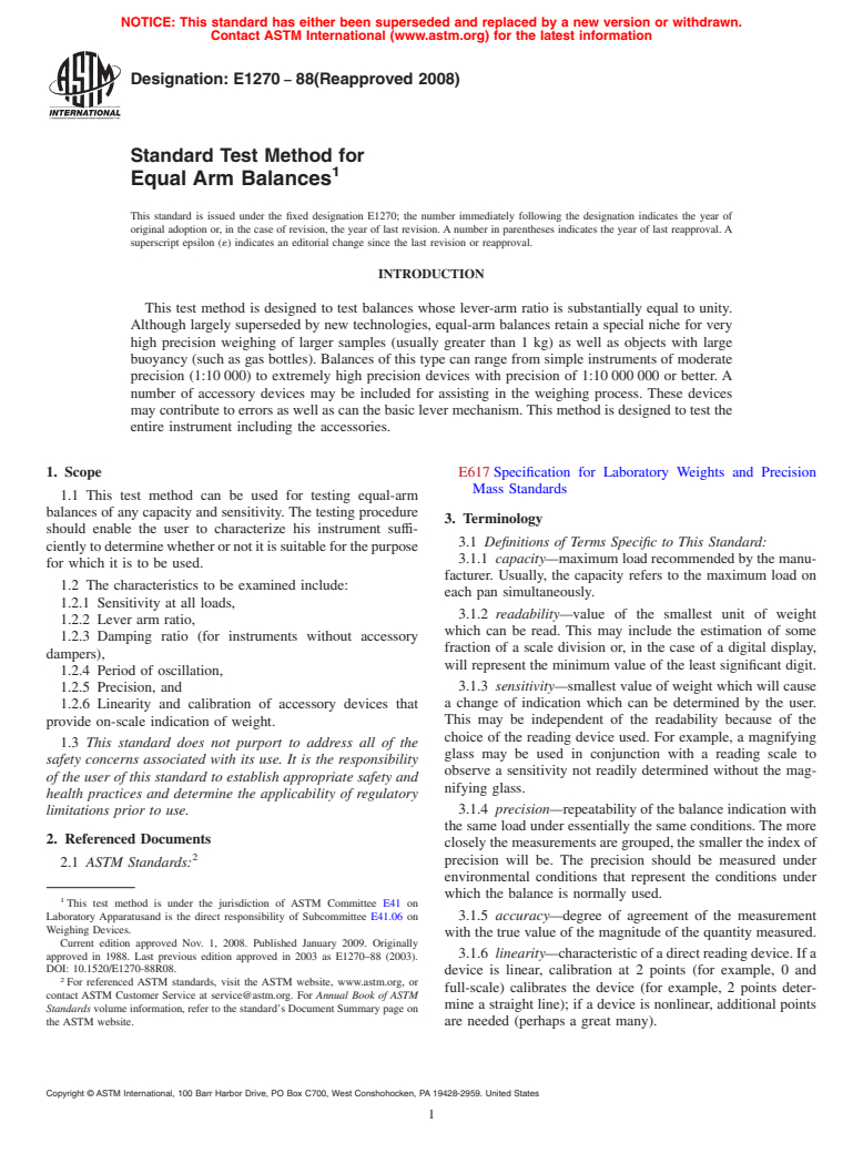 ASTM E1270-88(2008) - Standard Test Method for Equal Arm Balances