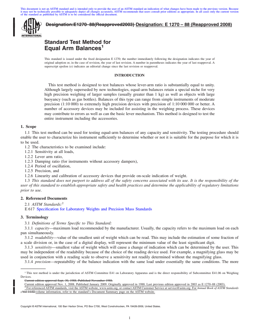 REDLINE ASTM E1270-88(2008) - Standard Test Method for Equal Arm Balances