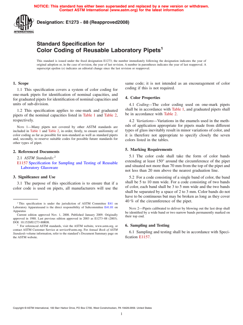 ASTM E1273-88(2008) - Standard Specification for Color Coding of Reusable Laboratory Pipets