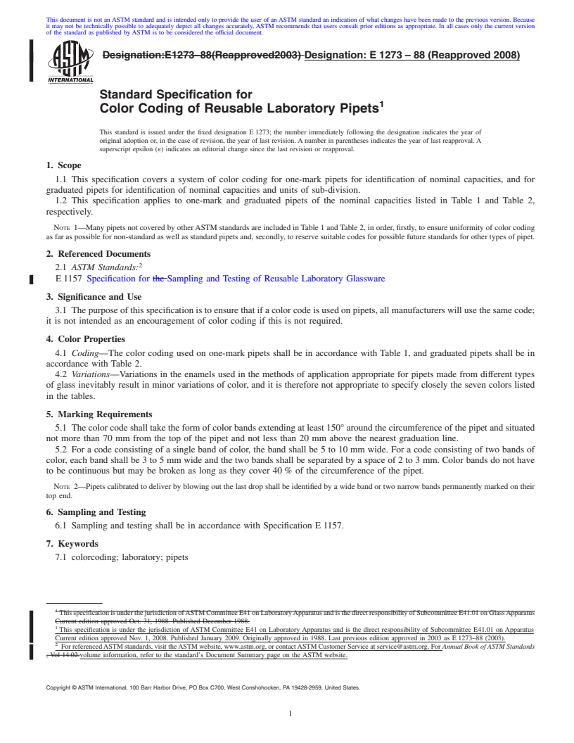 REDLINE ASTM E1273-88(2008) - Standard Specification for Color Coding of Reusable Laboratory Pipets