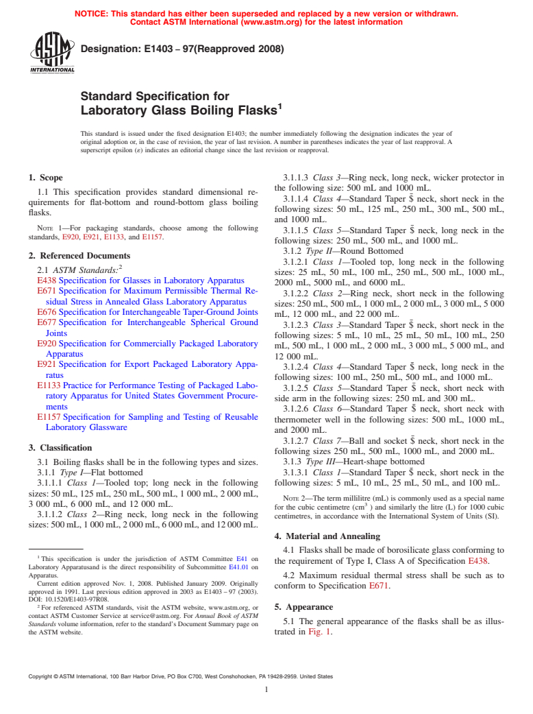 ASTM E1403-97(2008) - Standard Specification for Laboratory Glass Boiling Flasks