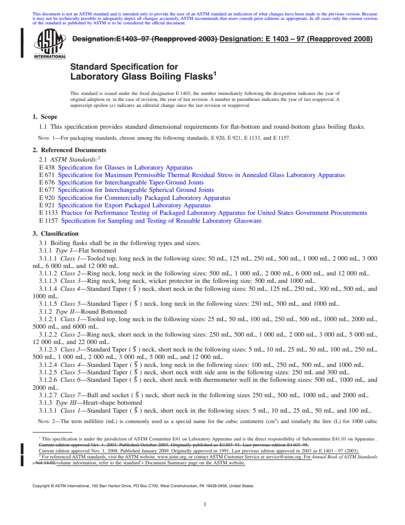 REDLINE ASTM E1403-97(2008) - Standard Specification for Laboratory Glass Boiling Flasks