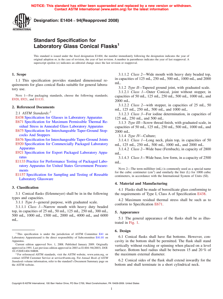 ASTM E1404-94(2008) - Standard Specification for Laboratory Glass Conical Flasks