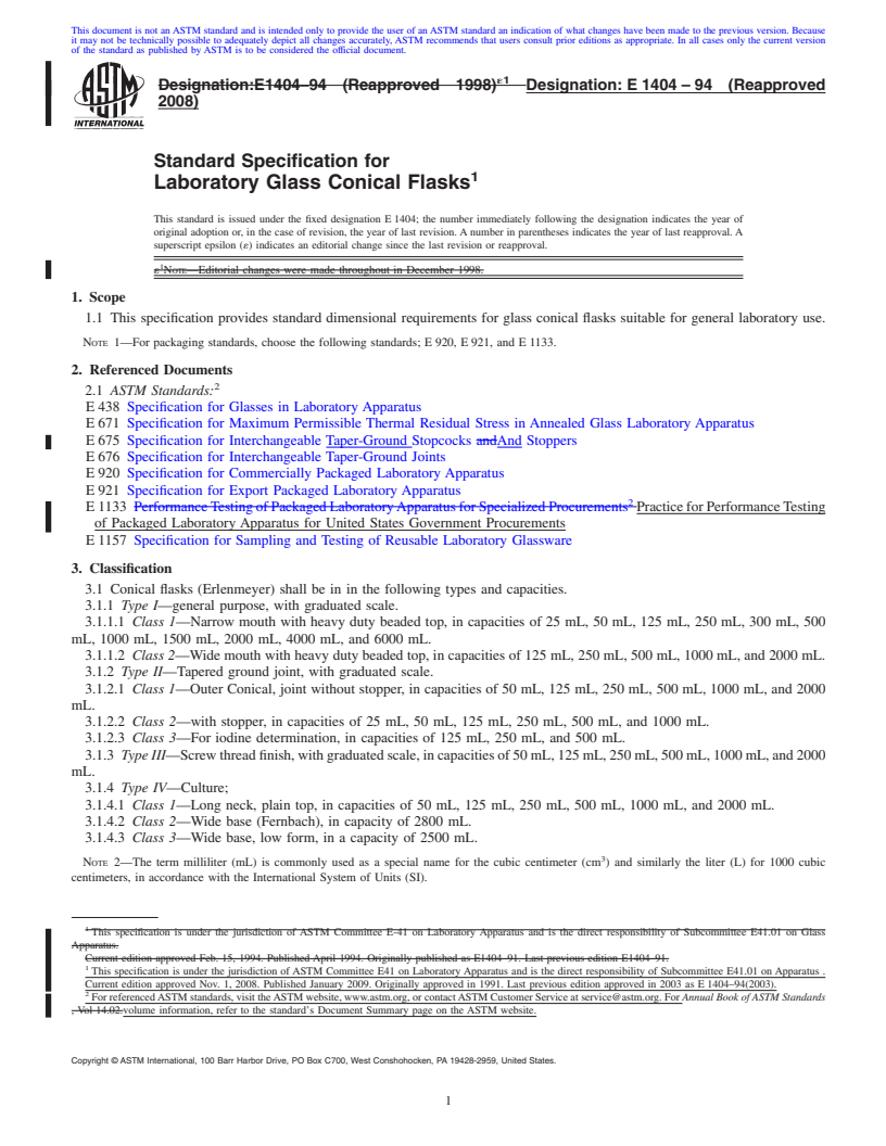 REDLINE ASTM E1404-94(2008) - Standard Specification for Laboratory Glass Conical Flasks