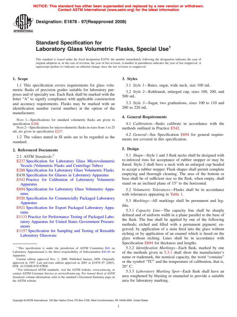 ASTM E1878-97(2008) - Standard Specification for Laboratory Glass Volumetric Flasks, Special Use