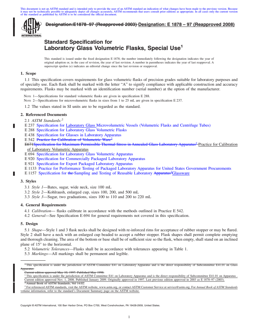 REDLINE ASTM E1878-97(2008) - Standard Specification for Laboratory Glass Volumetric Flasks, Special Use