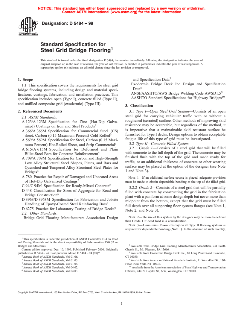 ASTM D5484-99 - Standard Specification for Steel Grid Bridge Flooring (Withdrawn 2004)