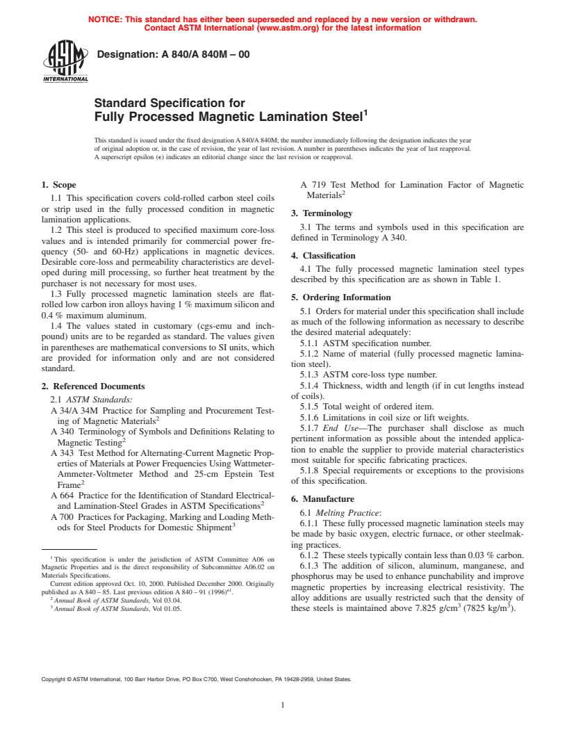 ASTM A840/A840M-00 - Standard Specification for Fully Processed Magnetic Lamination Steel