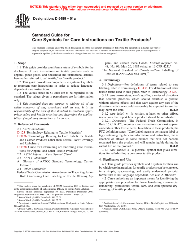 ASTM D5489-01a - Standard Guide for Care Symbols for Care Instructions on Textile Products