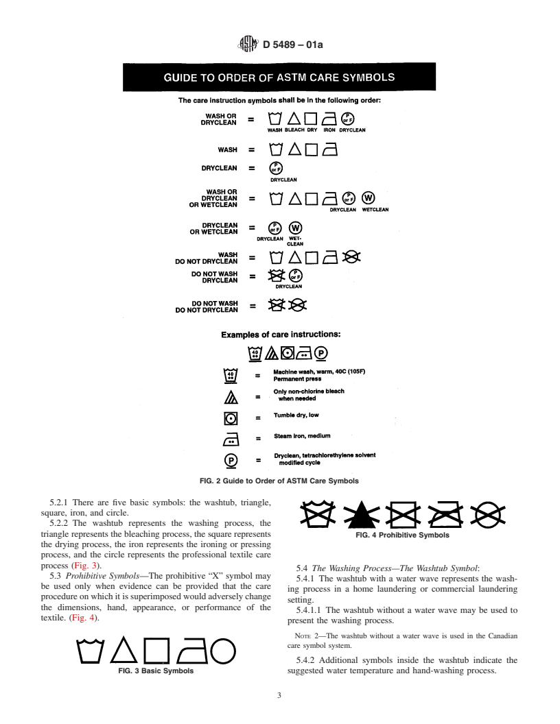 ASTM D5489-01a - Standard Guide for Care Symbols for Care Instructions on Textile Products