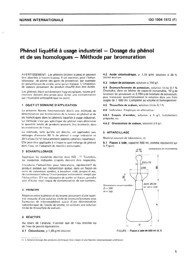 ISO 1904:1972 - Phénol liquéfié a usage industriel -- Dosage du phénol et de ses homologues -- Méthode par bromuration