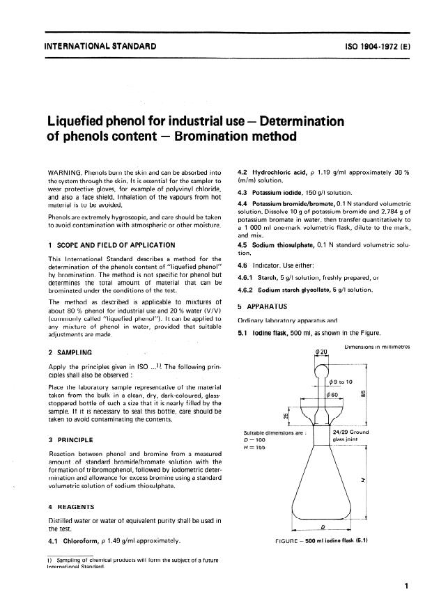 ISO 1904:1972 - Liquefied phenol for industrial use -- Determination of phenols content -- Bromination method
