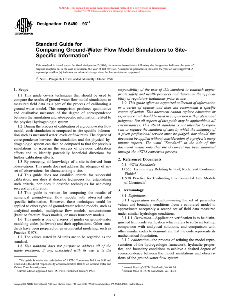 ASTM D5490-93e1 - Standard Guide for Comparing Ground-Water Flow Model Simulations to Site-Specific Information