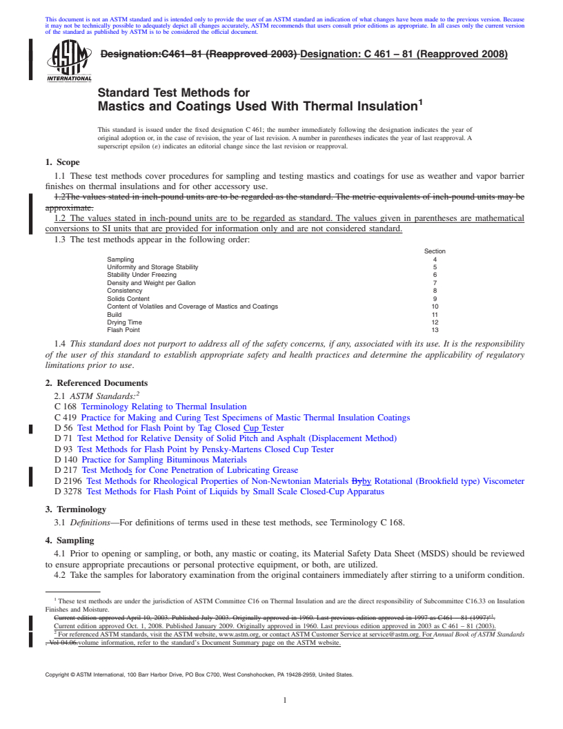 REDLINE ASTM C461-81(2008) - Standard Test Methods for Mastics and Coatings Used With Thermal Insulation