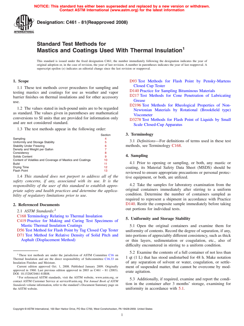 ASTM C461-81(2008) - Standard Test Methods for Mastics and Coatings Used With Thermal Insulation