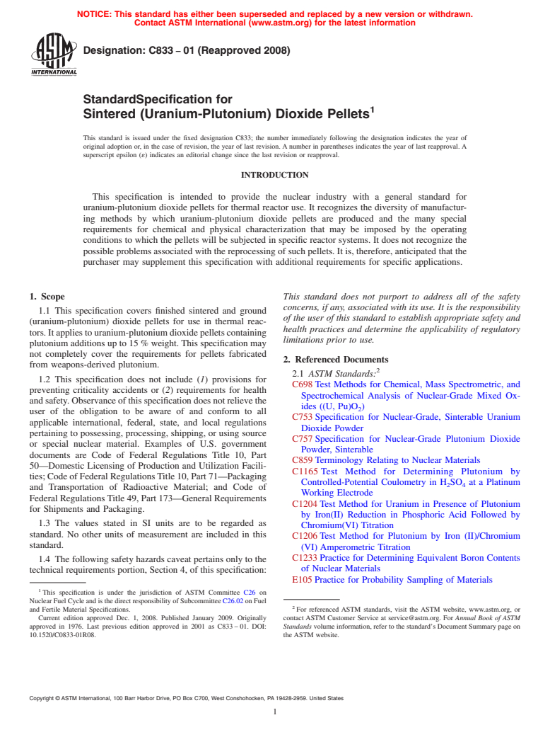 ASTM C833-01(2008) - Standard Specification for  Sintered (Uranium-Plutonium) Dioxide Pellets