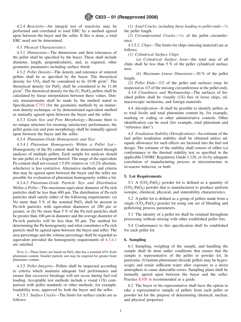 ASTM C833-01(2008) - Standard Specification for  Sintered (Uranium-Plutonium) Dioxide Pellets