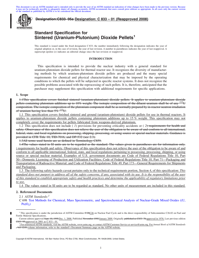 REDLINE ASTM C833-01(2008) - Standard Specification for  Sintered (Uranium-Plutonium) Dioxide Pellets