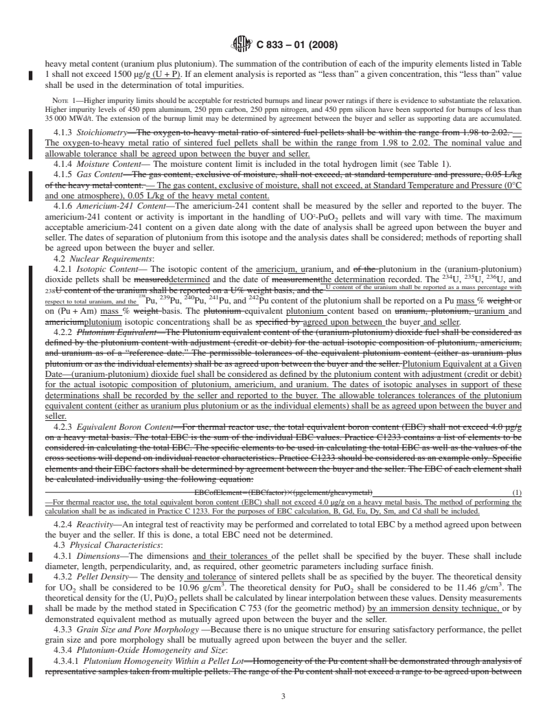 REDLINE ASTM C833-01(2008) - Standard Specification for  Sintered (Uranium-Plutonium) Dioxide Pellets