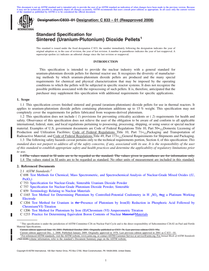 REDLINE ASTM C833-01(2008) - Standard Specification for  Sintered (Uranium-Plutonium) Dioxide Pellets