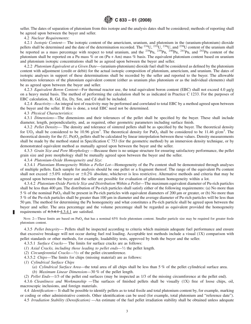 REDLINE ASTM C833-01(2008) - Standard Specification for  Sintered (Uranium-Plutonium) Dioxide Pellets