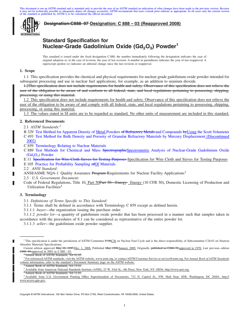 REDLINE ASTM C888-03(2008) - Standard Specification for Nuclear-Grade Gadolinium Oxide (Gd<sub>2</sub>O<sub>3</sub>) Powder