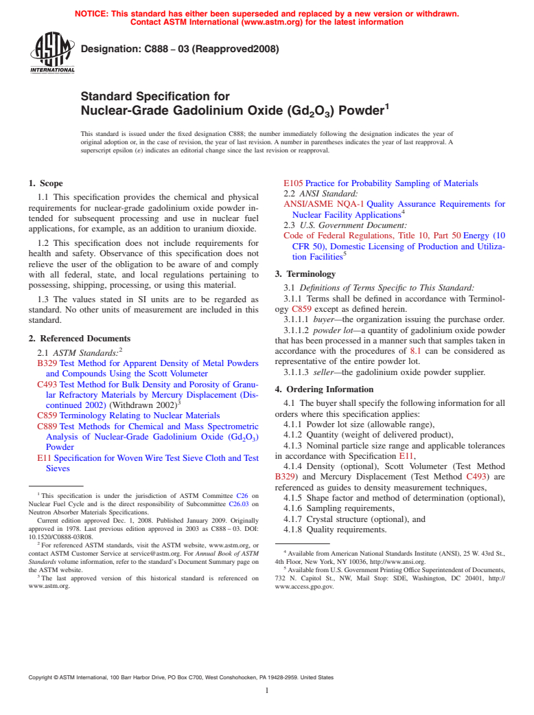 ASTM C888-03(2008) - Standard Specification for Nuclear-Grade Gadolinium Oxide (Gd<sub>2</sub>O<sub>3</sub>) Powder