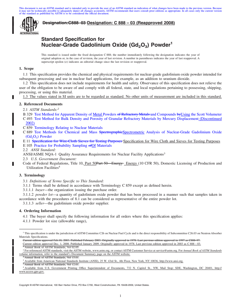 REDLINE ASTM C888-03(2008) - Standard Specification for Nuclear-Grade Gadolinium Oxide (Gd<sub>2</sub>O<sub>3</sub>) Powder