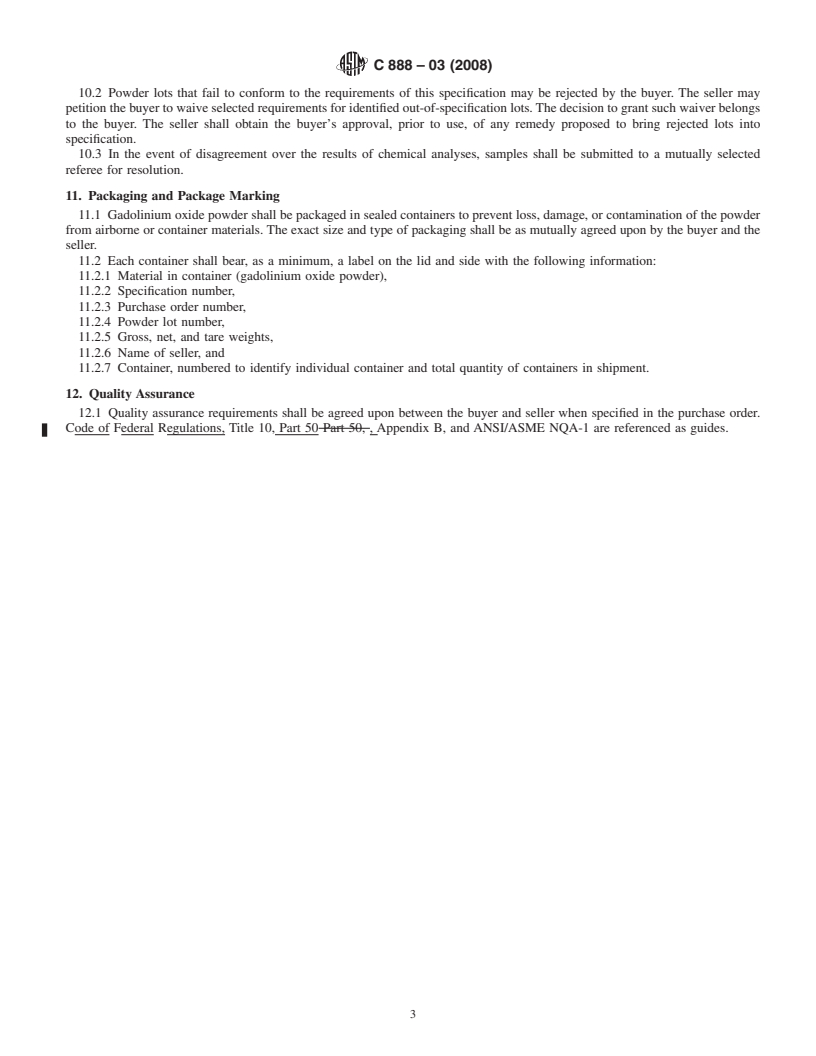 REDLINE ASTM C888-03(2008) - Standard Specification for Nuclear-Grade Gadolinium Oxide (Gd<sub>2</sub>O<sub>3</sub>) Powder