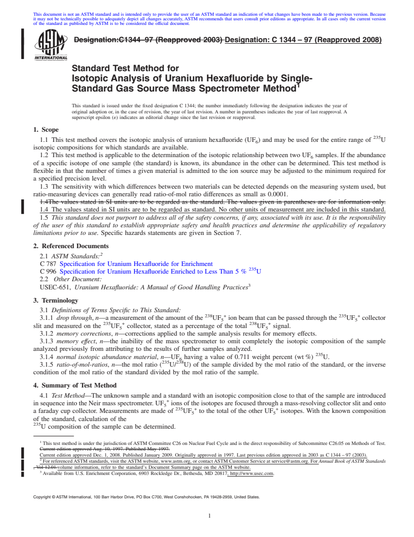 REDLINE ASTM C1344-97(2008) - Standard Test Method for Isotopic Analysis of Uranium Hexafluoride by Single-Standard Gas Source Mass Spectrometer Method