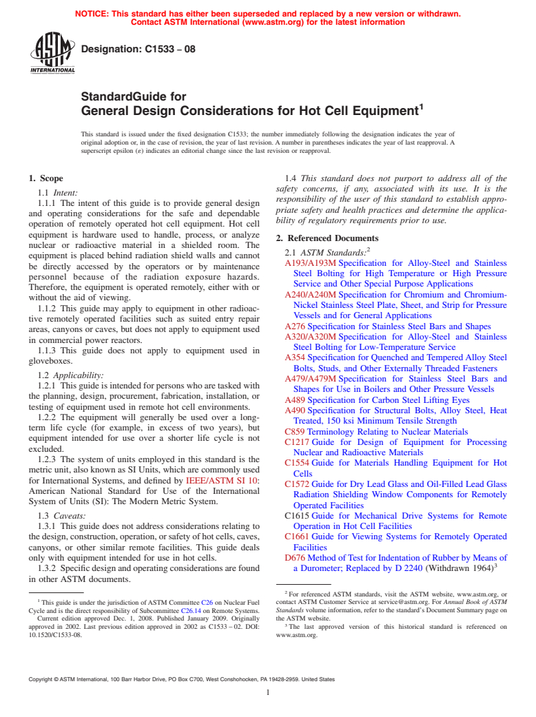 ASTM C1533-08 - Standard Guide for General Design Considerations for Hot Cell Equipment